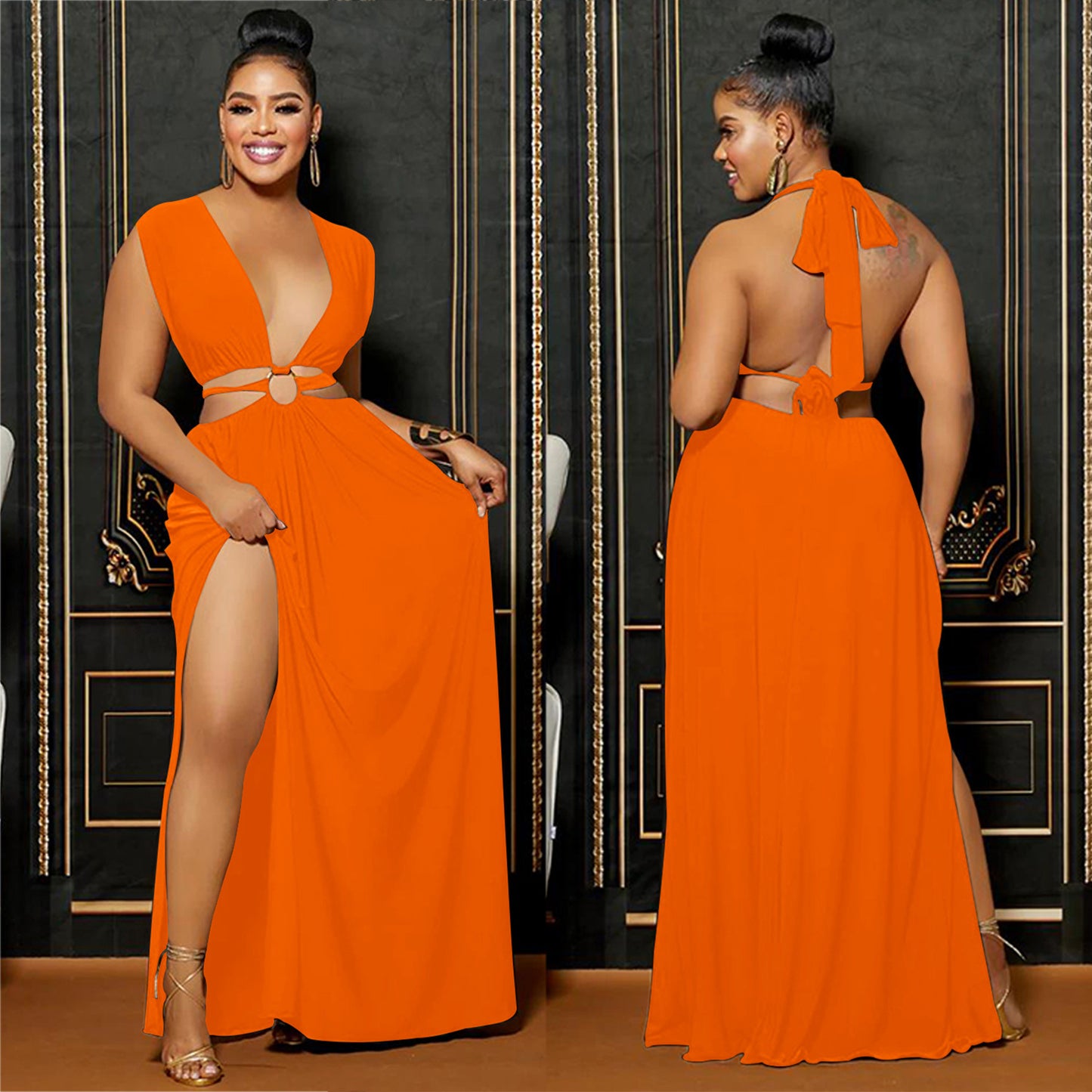 LADIES LOW BACK SLEEVELESS LONG DRESS WINE RED / RED / ORANGE / WHITE (SIZE S - 2XL)
