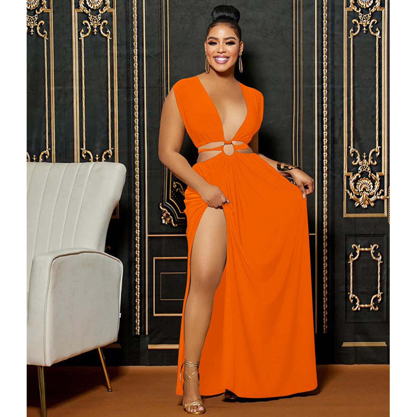 LADIES LOW BACK SLEEVELESS LONG DRESS WINE RED / RED / ORANGE / WHITE (SIZE S - 2XL)