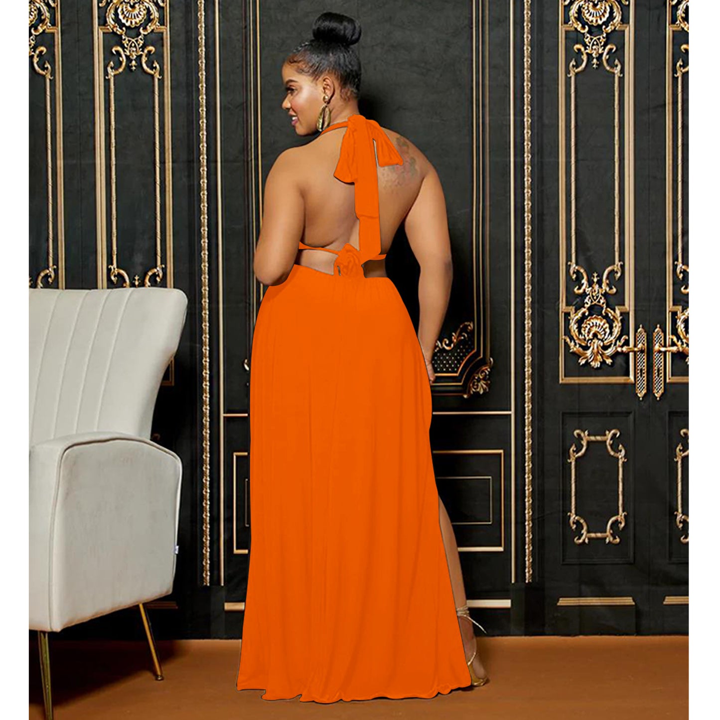 LADIES LOW BACK SLEEVELESS LONG DRESS WINE RED / RED / ORANGE / WHITE (SIZE S - 2XL)