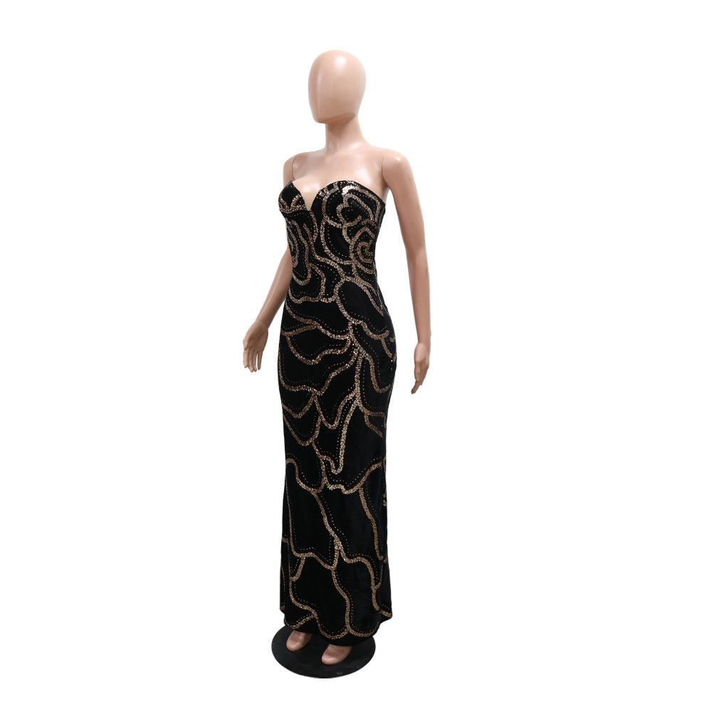 LADIES LONG, STRAPLESS PARTY DRESS BLACK-GOLD / RED-GOLD / DARK GREEN-GOLD (SIZE S - 2XL)