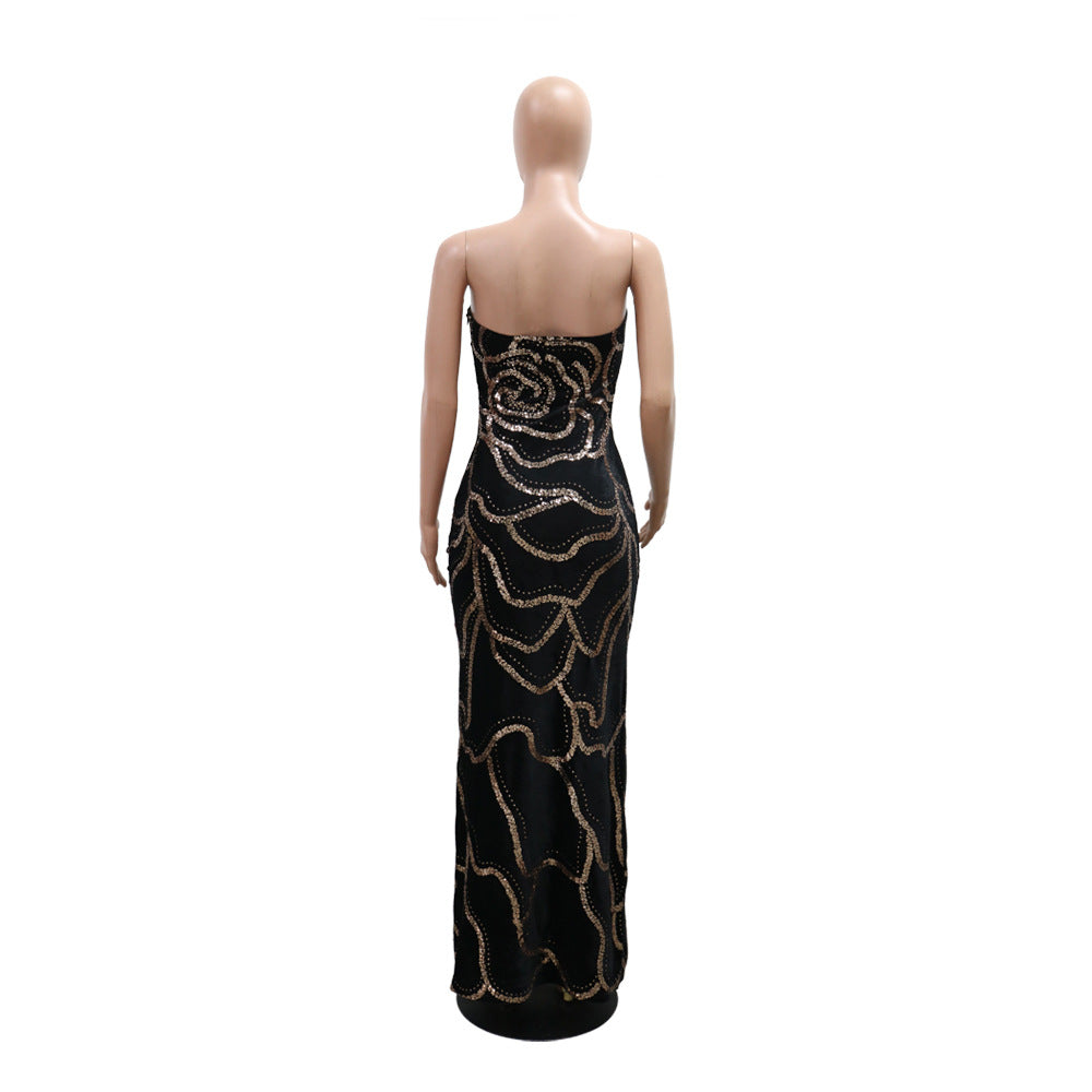 LADIES LONG, STRAPLESS PARTY DRESS BLACK-GOLD / RED-GOLD / DARK GREEN-GOLD (SIZE S - 2XL)
