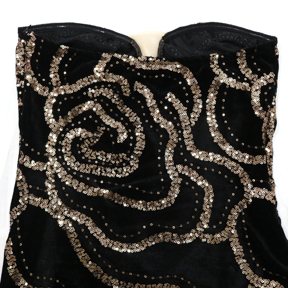 LADIES LONG, STRAPLESS PARTY DRESS BLACK-GOLD / RED-GOLD / DARK GREEN-GOLD (SIZE S - 2XL)