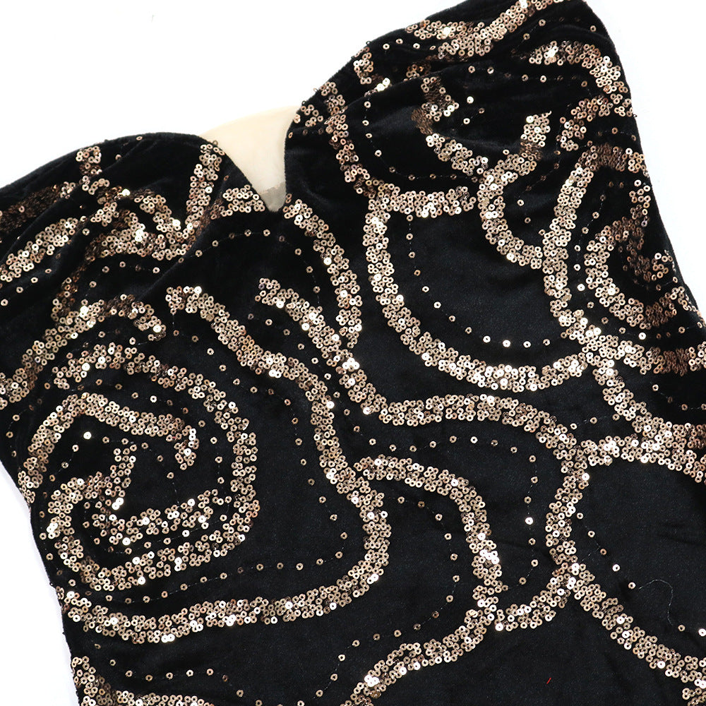 LADIES LONG, STRAPLESS PARTY DRESS BLACK-GOLD / RED-GOLD / DARK GREEN-GOLD (SIZE S - 2XL)