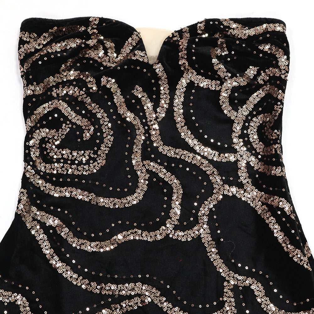 LADIES LONG, STRAPLESS PARTY DRESS BLACK-GOLD / RED-GOLD / DARK GREEN-GOLD (SIZE S - 2XL)