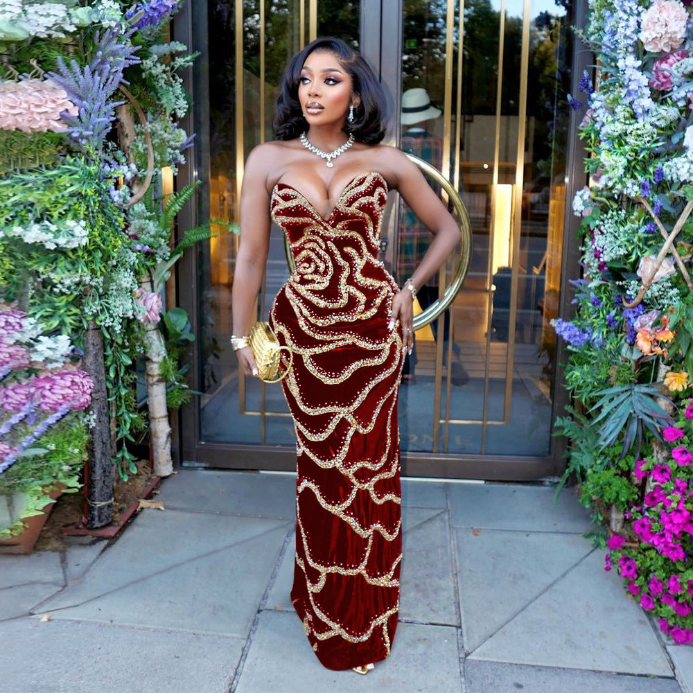 LADIES LONG, STRAPLESS PARTY DRESS BLACK-GOLD / RED-GOLD / DARK GREEN-GOLD (SIZE S - 2XL)