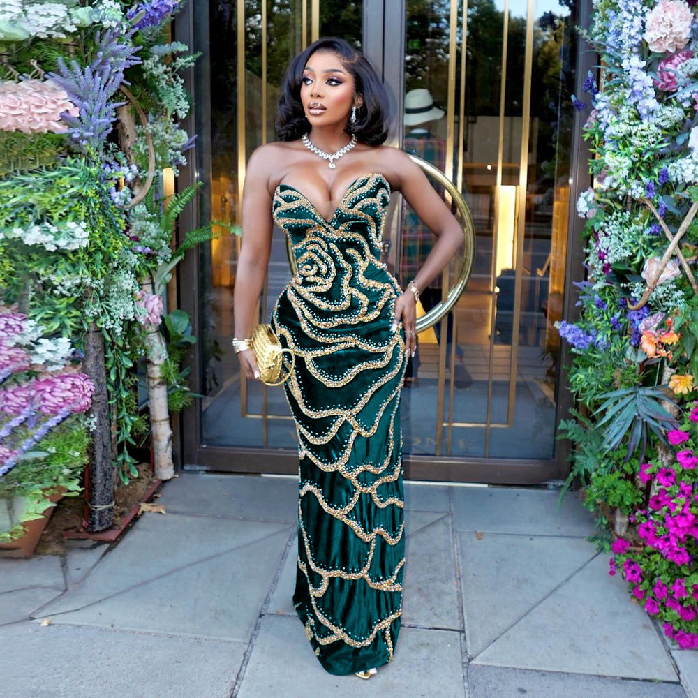 LADIES LONG, STRAPLESS PARTY DRESS BLACK-GOLD / RED-GOLD / DARK GREEN-GOLD (SIZE S - 2XL)