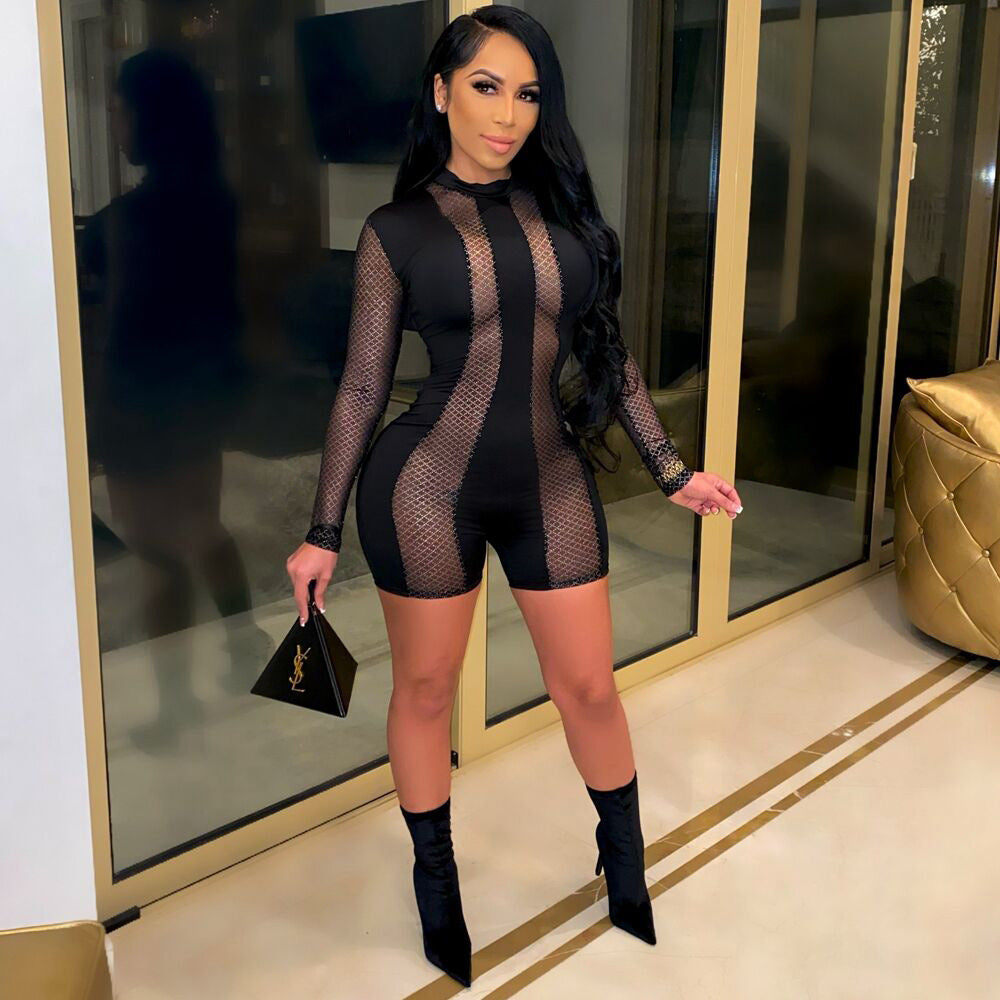 LADIES SEE-THROUGH MESH PLAYSUIT / ROMPER BLACK (SIZE S - 2XL)