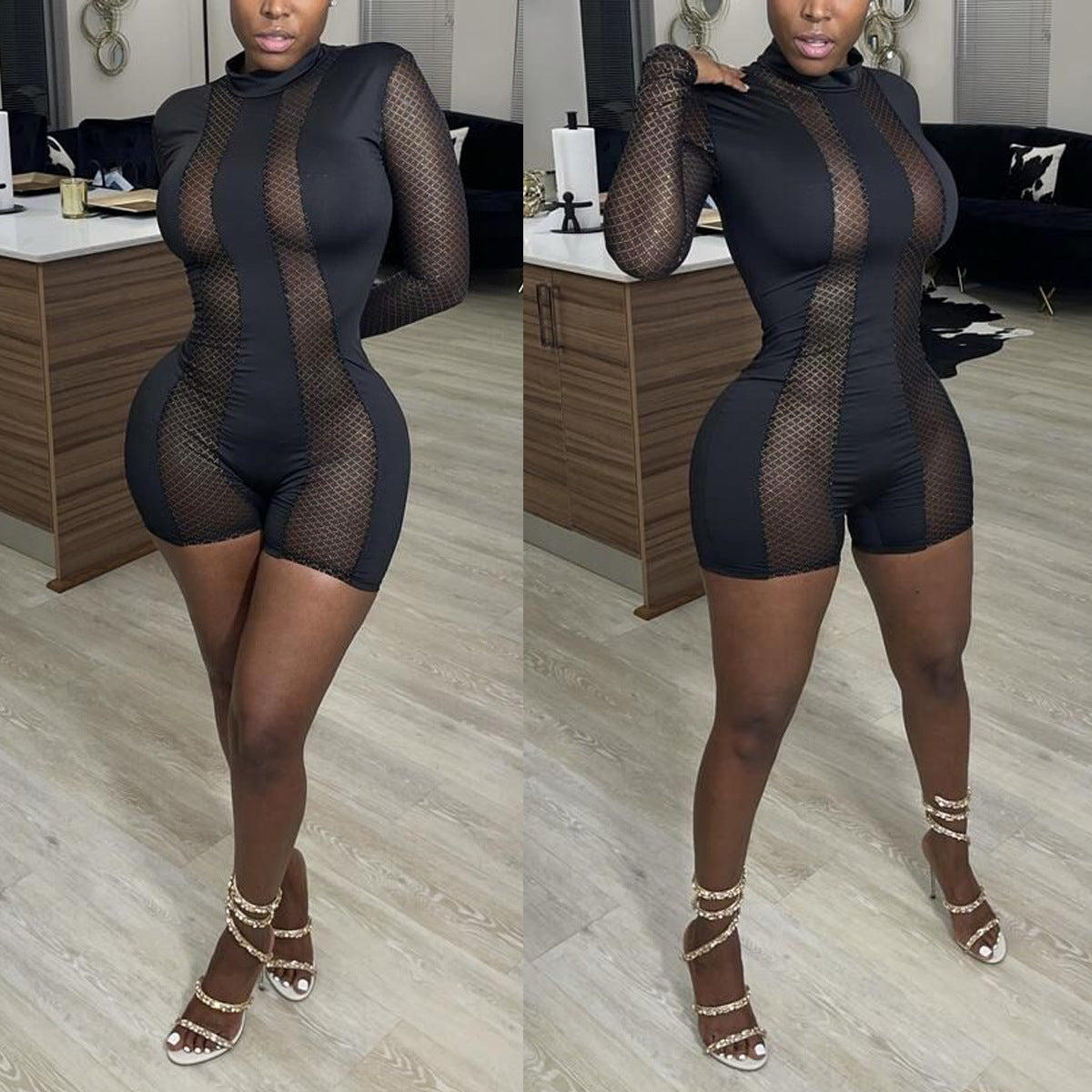 LADIES SEE-THROUGH MESH PLAYSUIT / ROMPER BLACK (SIZE S - 2XL)