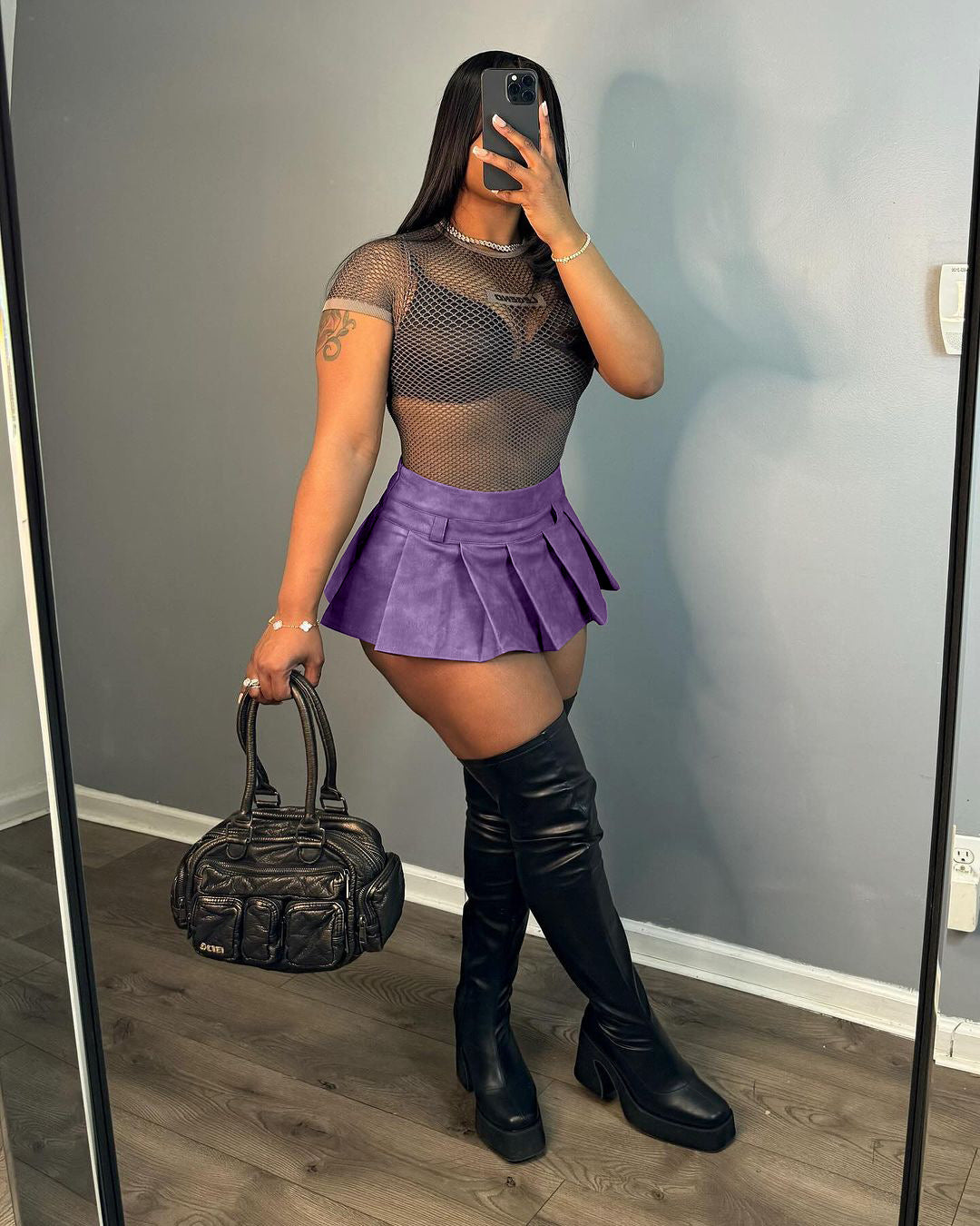 LADIES PU LEATHER SHORT MINI SKIRT PURPLE (SIZE S - 2XL)