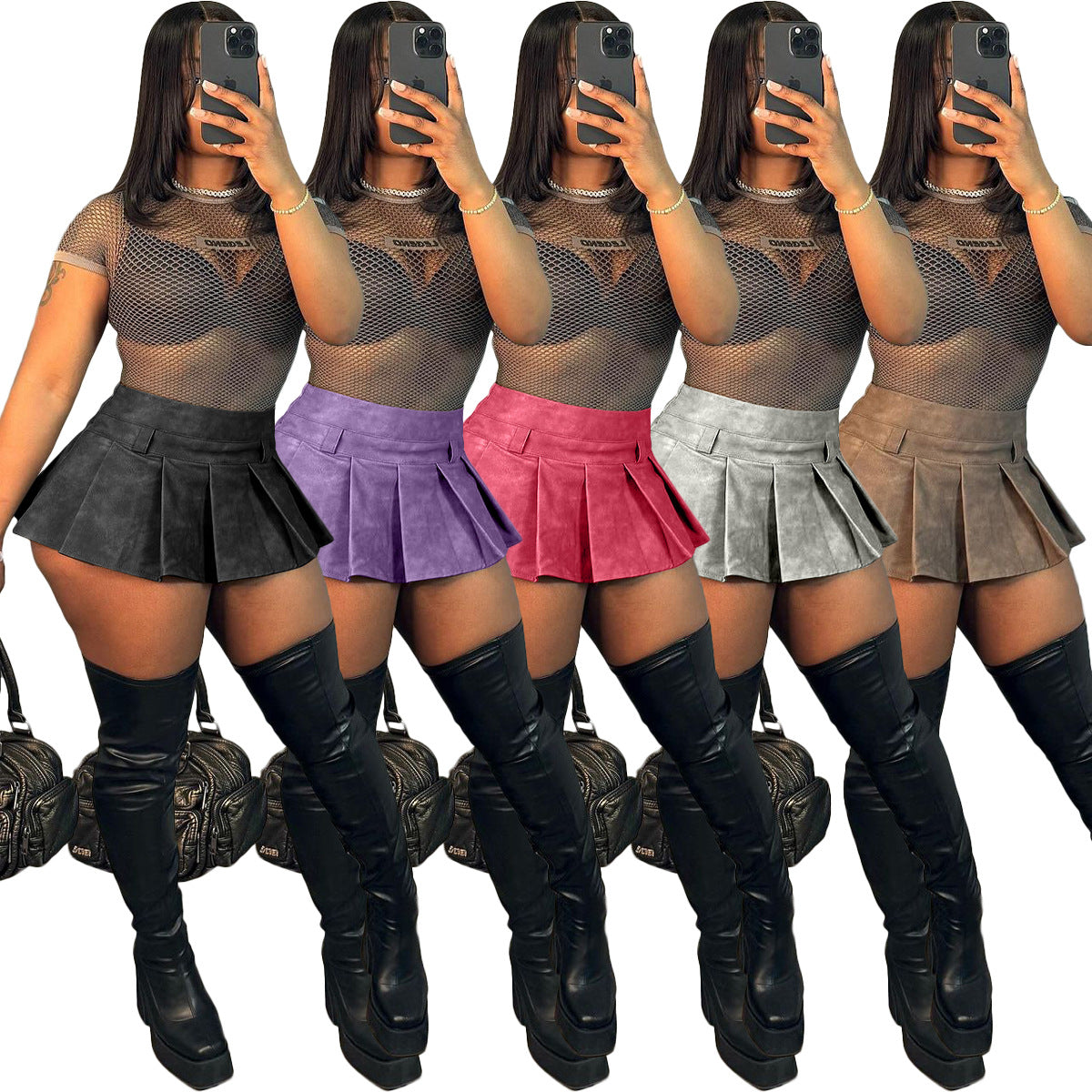 LADIES PU LEATHER SHORT MINI SKIRT GRAY / RED-PINK (SIZE S - 2XL)