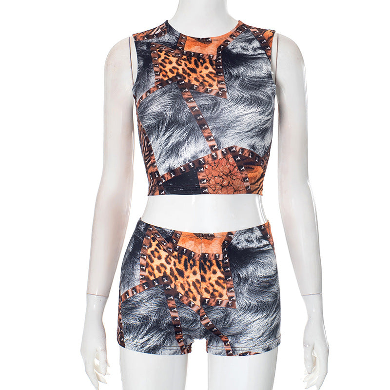 LADIES SLEEVELESS TOP & SHORTS SET BROWN (SIZE S - L)