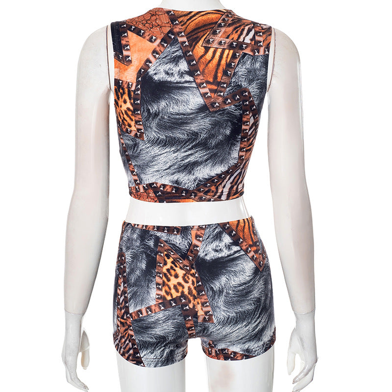 LADIES SLEEVELESS TOP & SHORTS SET BROWN (SIZE S - L)
