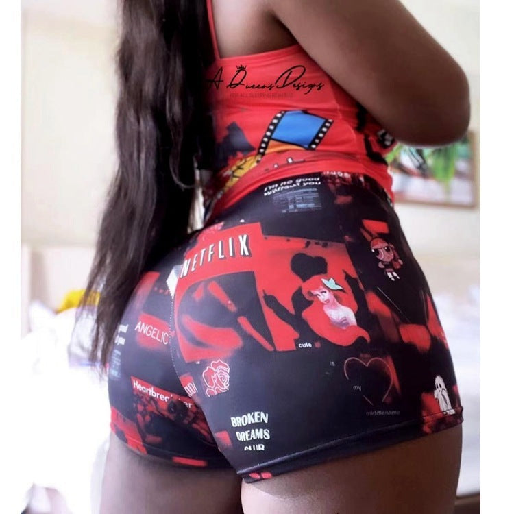 LADIES TWO PIECE SHORTS & TOP SET RED (SIZE S - 2XL)