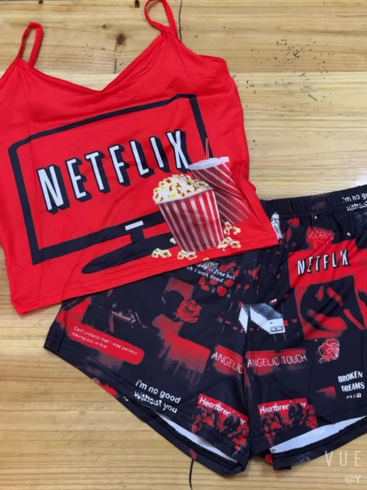 LADIES TWO PIECE SHORTS & TOP SET RED (SIZE S - 2XL)