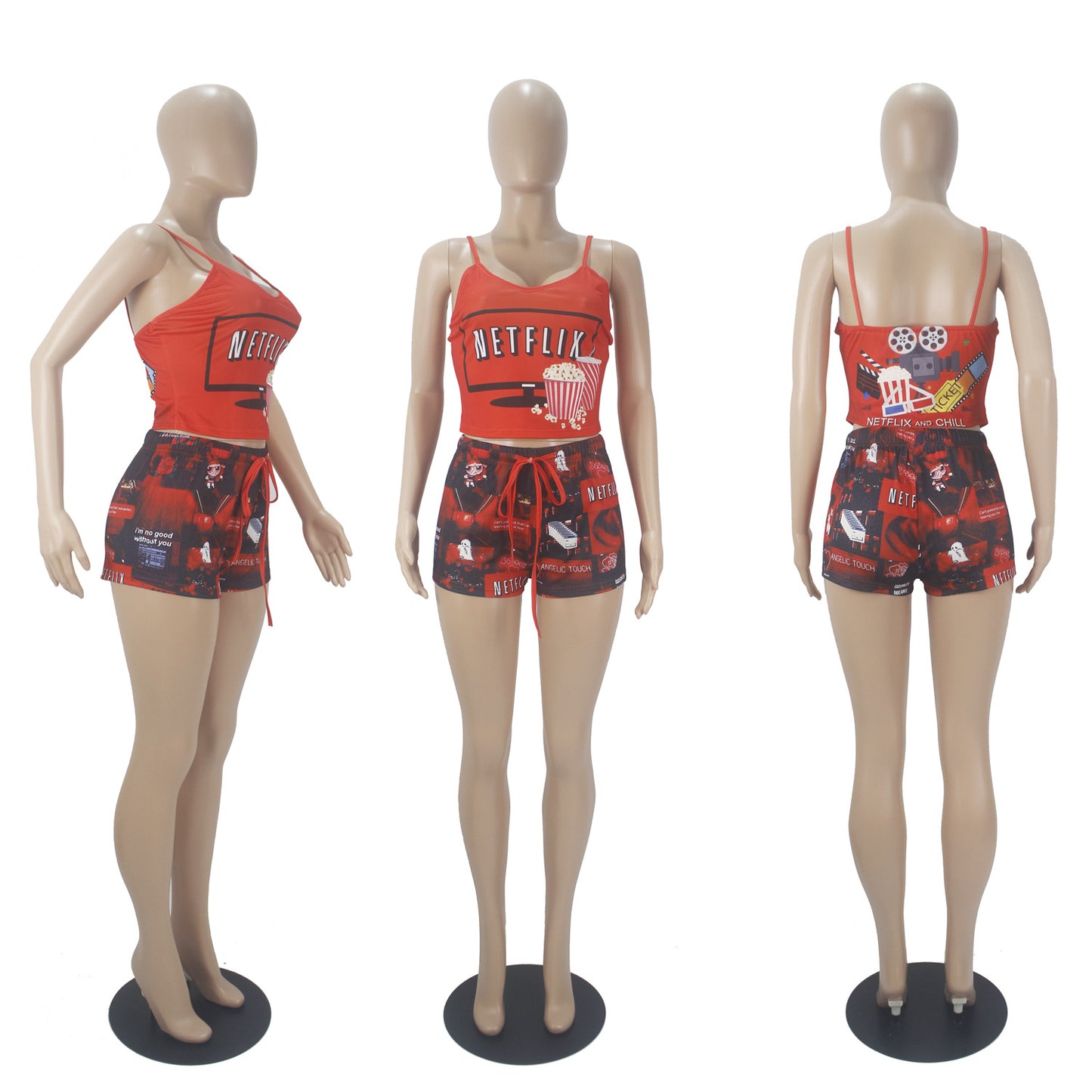 LADIES TWO PIECE SHORTS & TOP SET RED (SIZE S - 2XL)