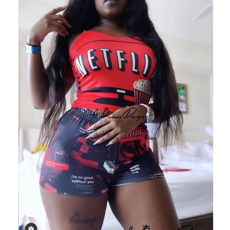 LADIES TWO PIECE SHORTS & TOP SET RED (SIZE S - 2XL)
