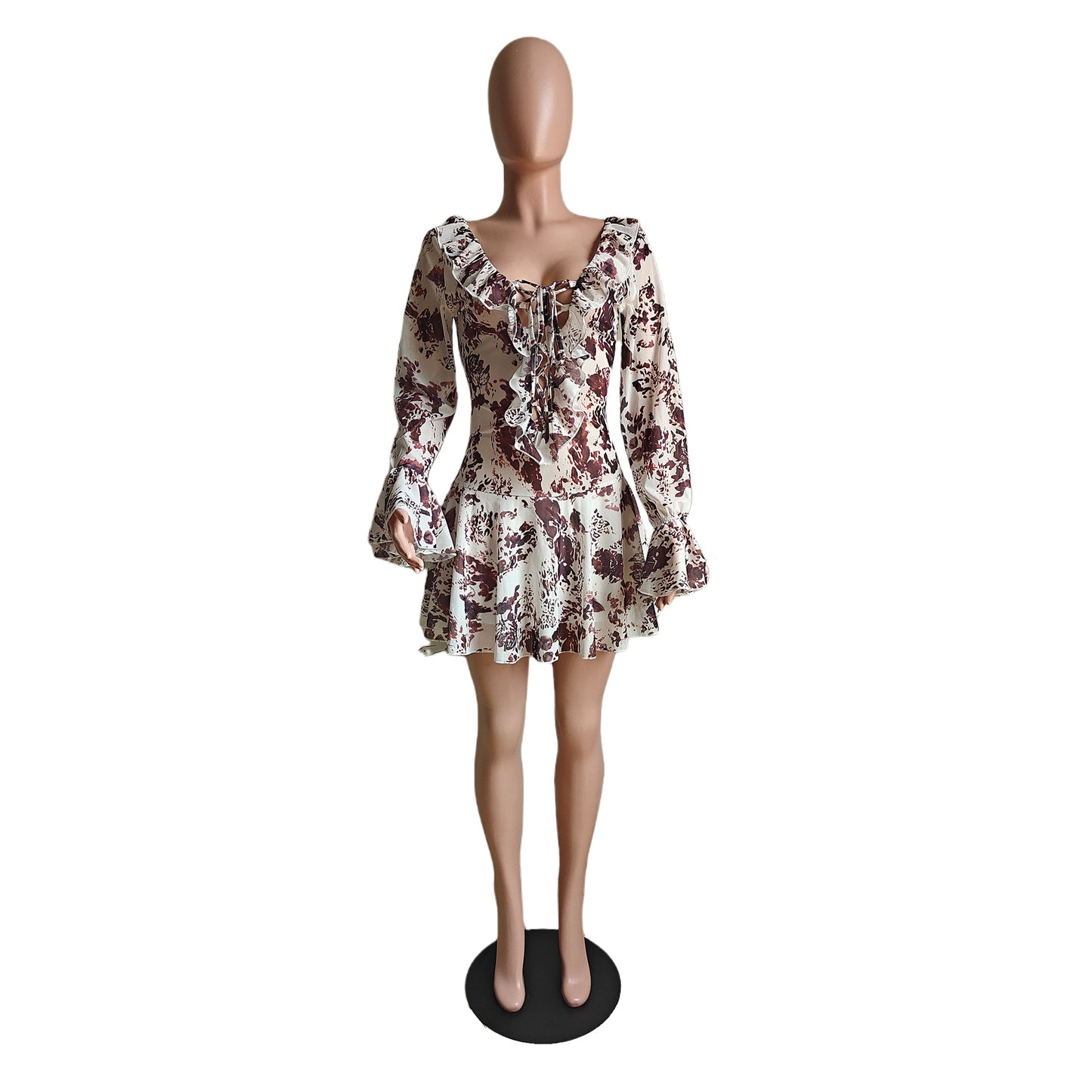 LADIES LONG SLEEVE LACE UP MINI DRESS BROWN-WHITE (SIZE S - XL)
