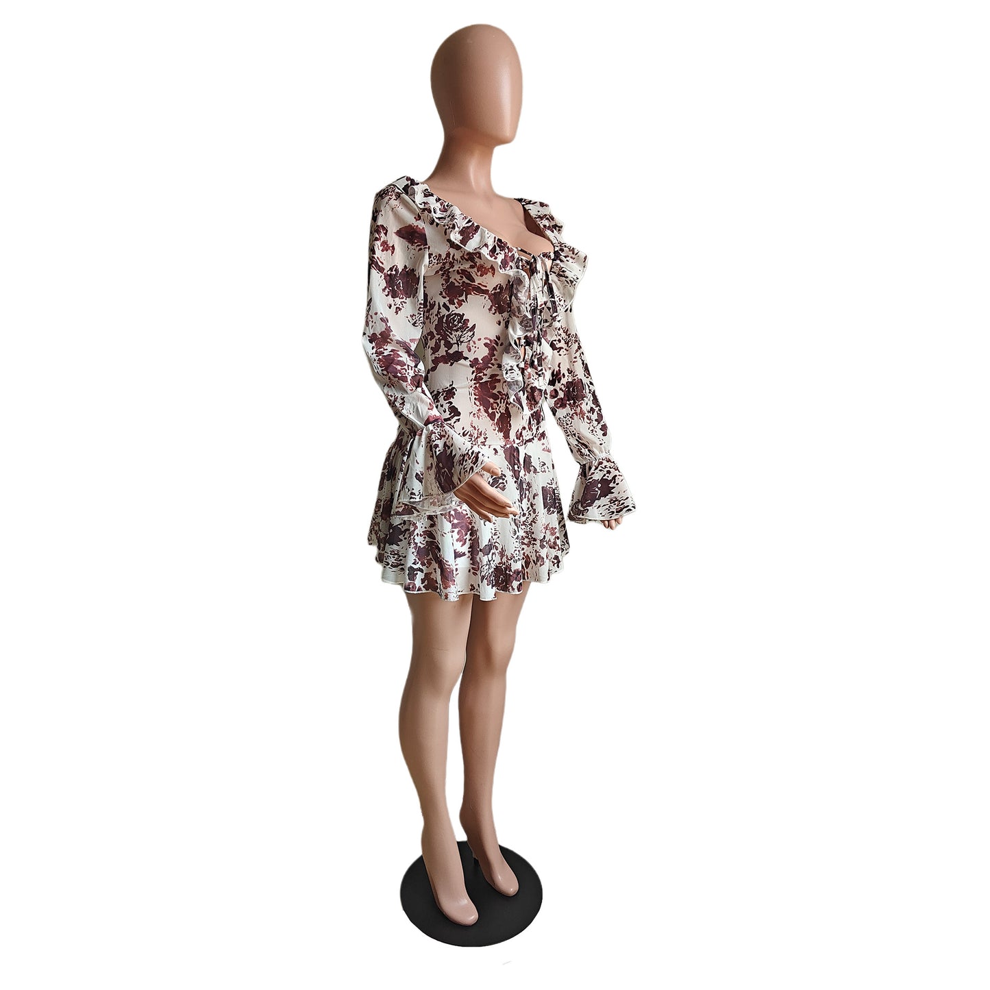 LADIES LONG SLEEVE LACE UP MINI DRESS BROWN-WHITE (SIZE S - XL)