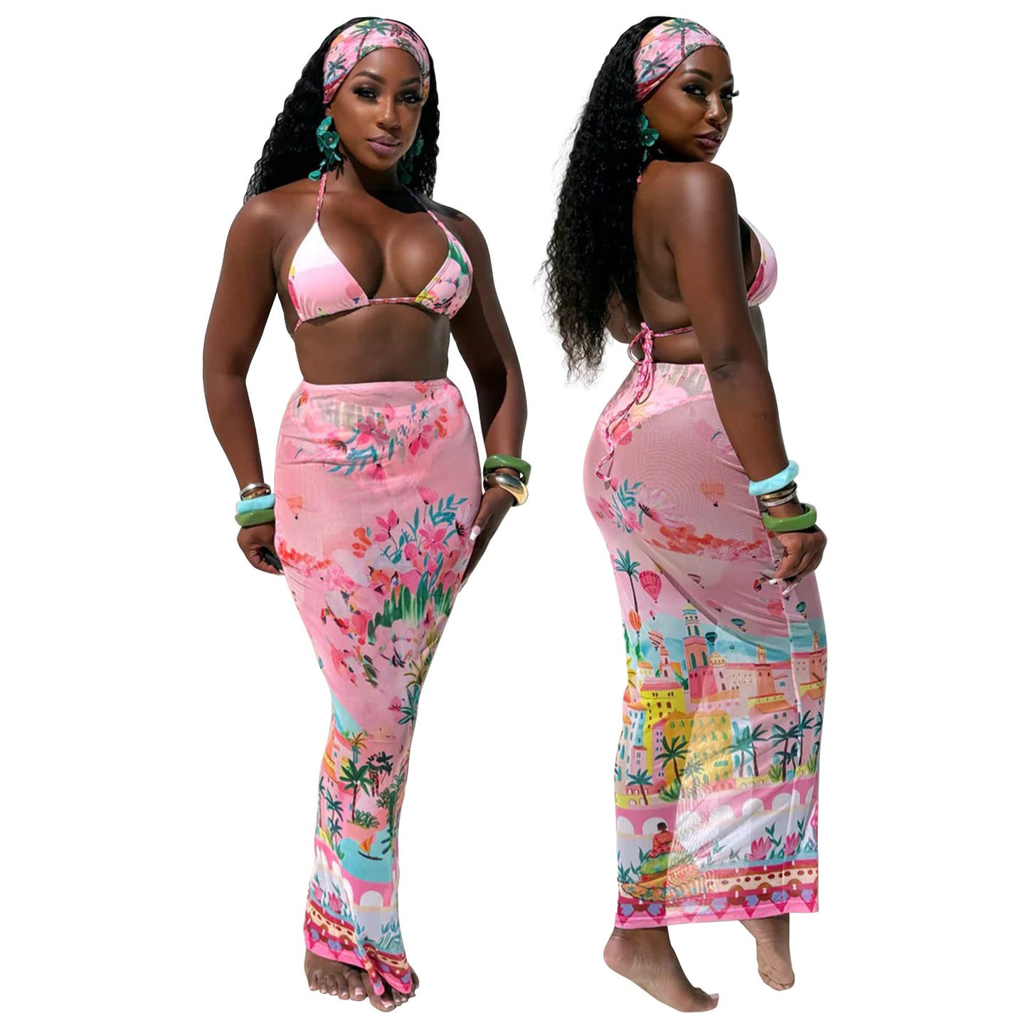 LADIES BIKINI SWIMWEAR BEACHWEAR SET PINK / GREEN (SIZE S - 2XL)