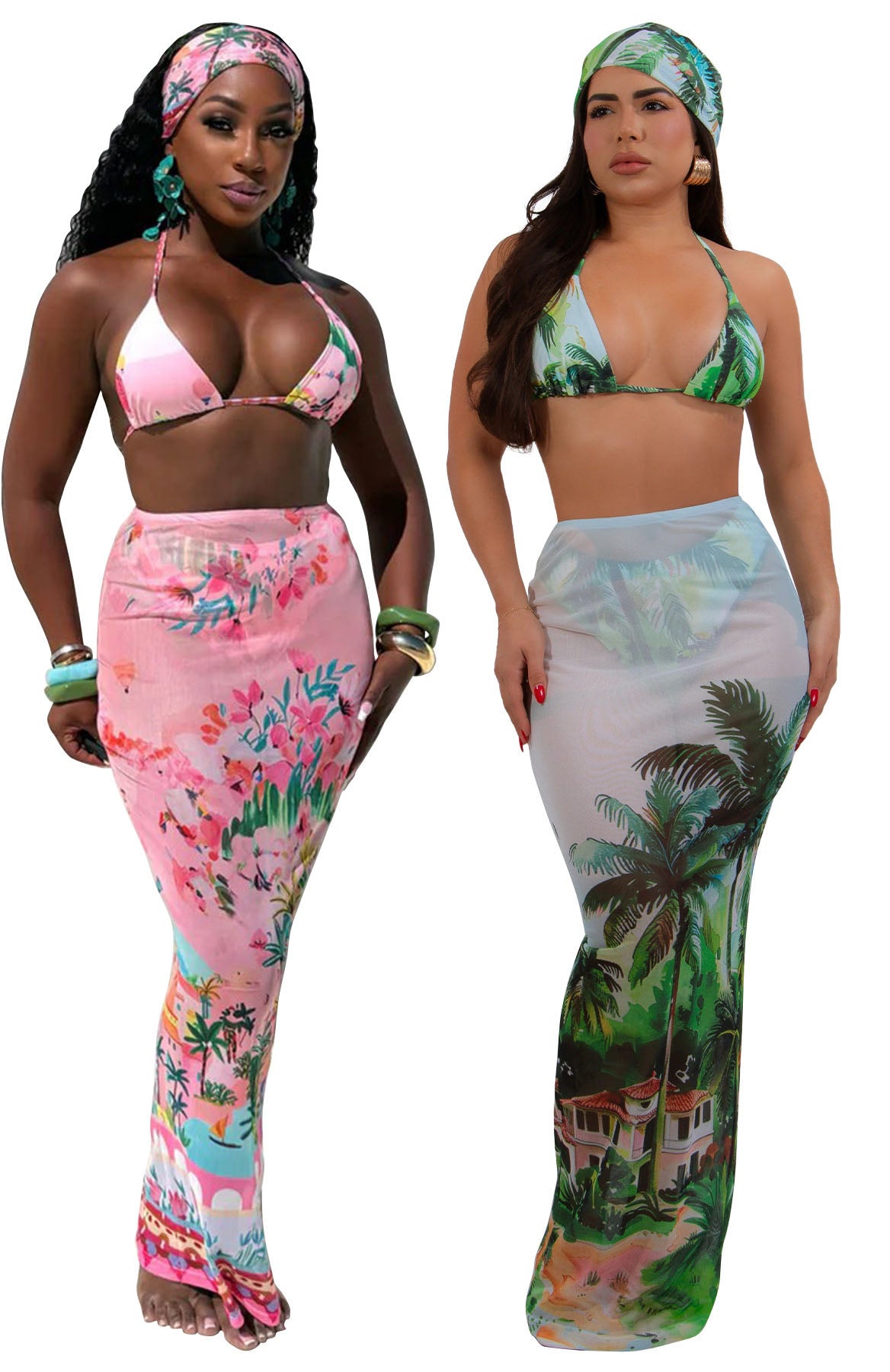 LADIES BIKINI SWIMWEAR BEACHWEAR SET PINK / GREEN (SIZE S - 2XL)