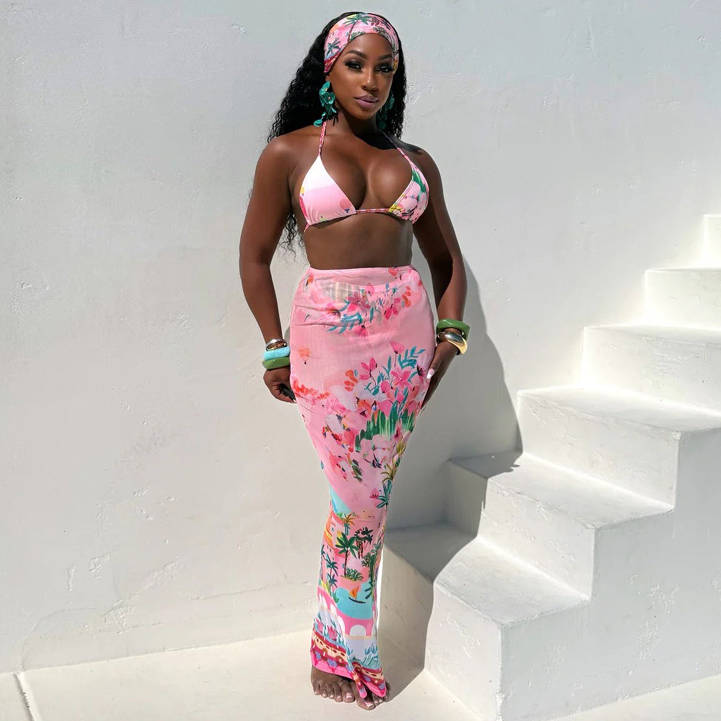 LADIES BIKINI SWIMWEAR BEACHWEAR SET PINK / GREEN (SIZE S - 2XL)