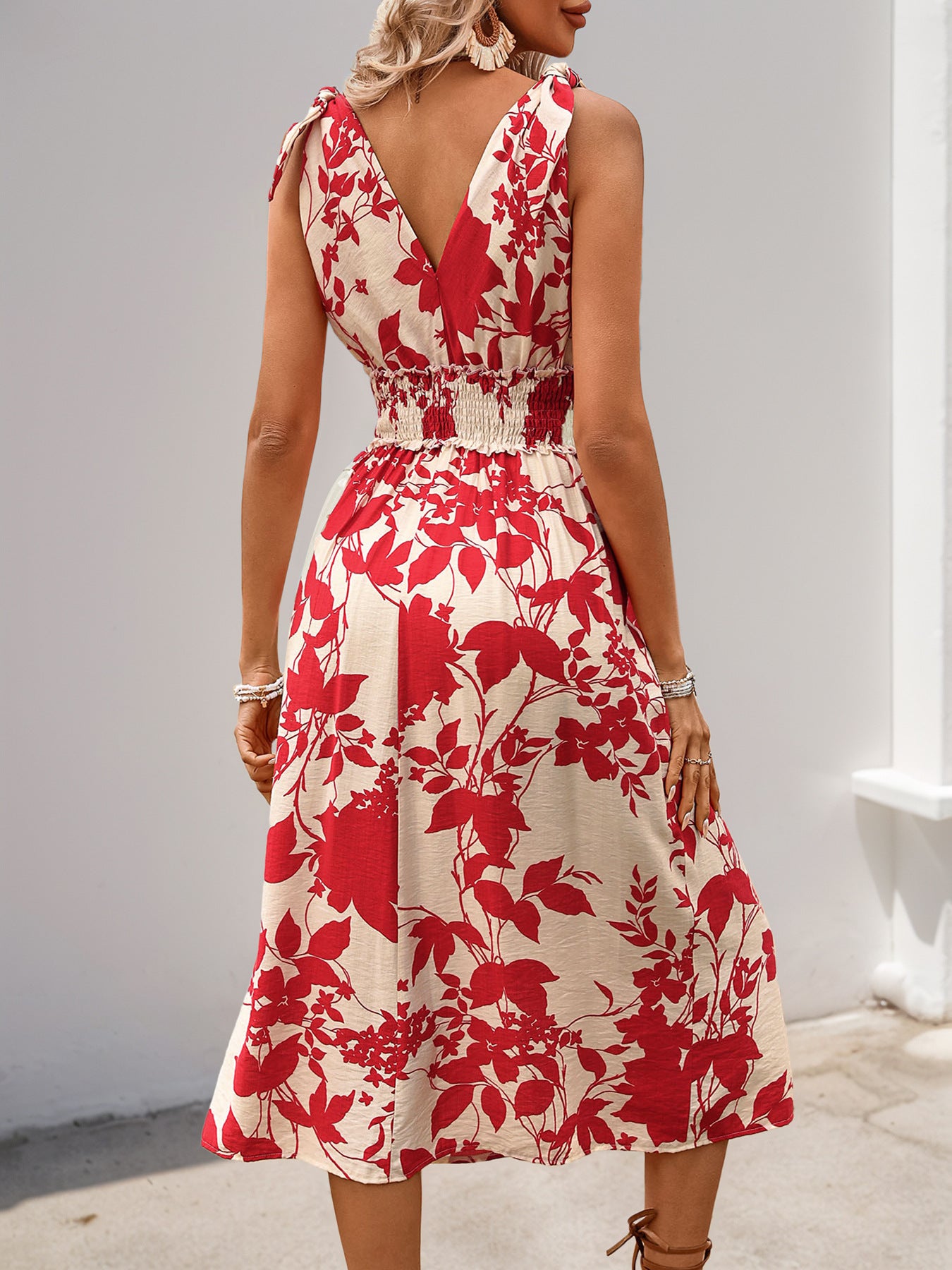 LADIES FLORAL PRINT DRESS RED-WHITE (SIZE S - XL)