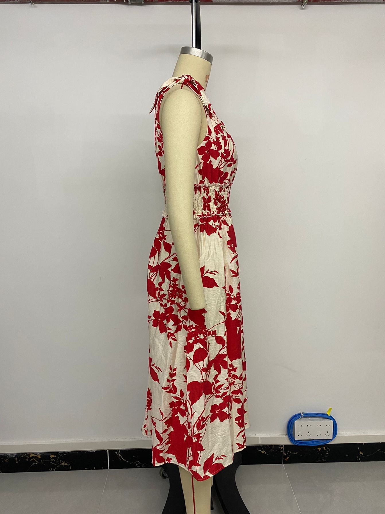 LADIES FLORAL PRINT DRESS RED-WHITE (SIZE S - XL)