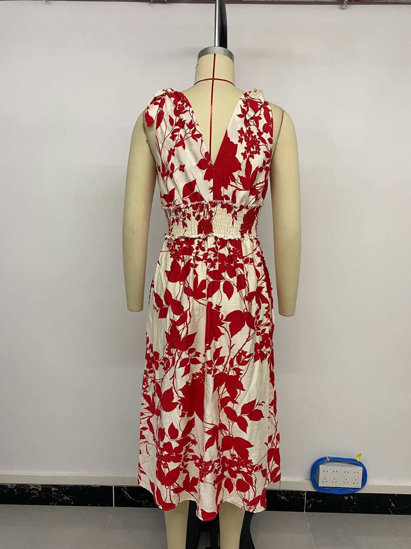 LADIES FLORAL PRINT DRESS RED-WHITE (SIZE S - XL)