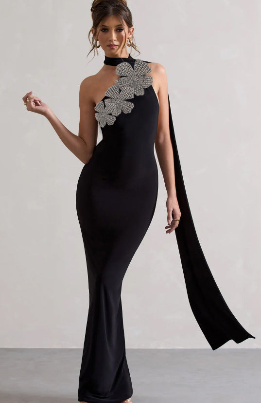 LADIES ONE SHOULDER BEADED EVENING / PARTY DRESS BLACK (SIZE S - L)