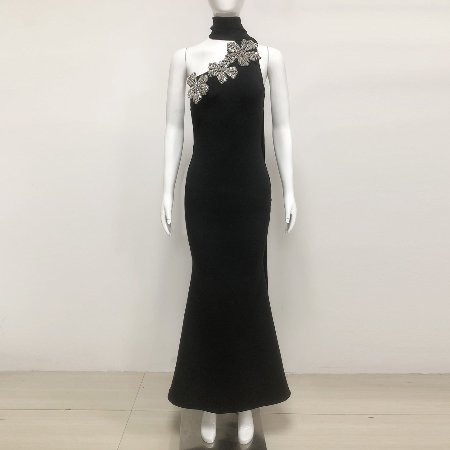 LADIES ONE SHOULDER BEADED EVENING / PARTY DRESS BLACK (SIZE S - L)