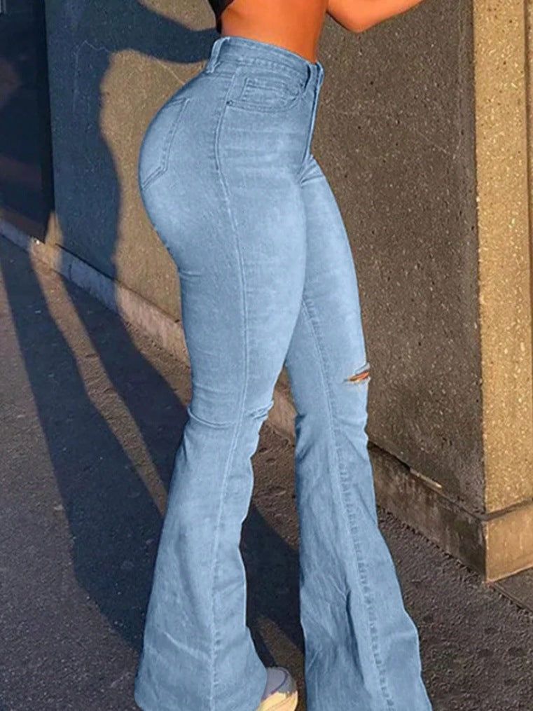 LADIES DISTRESSED DENIM PANTS / JEANS LIGHT BLUE DENIM (SIZE XS - L)