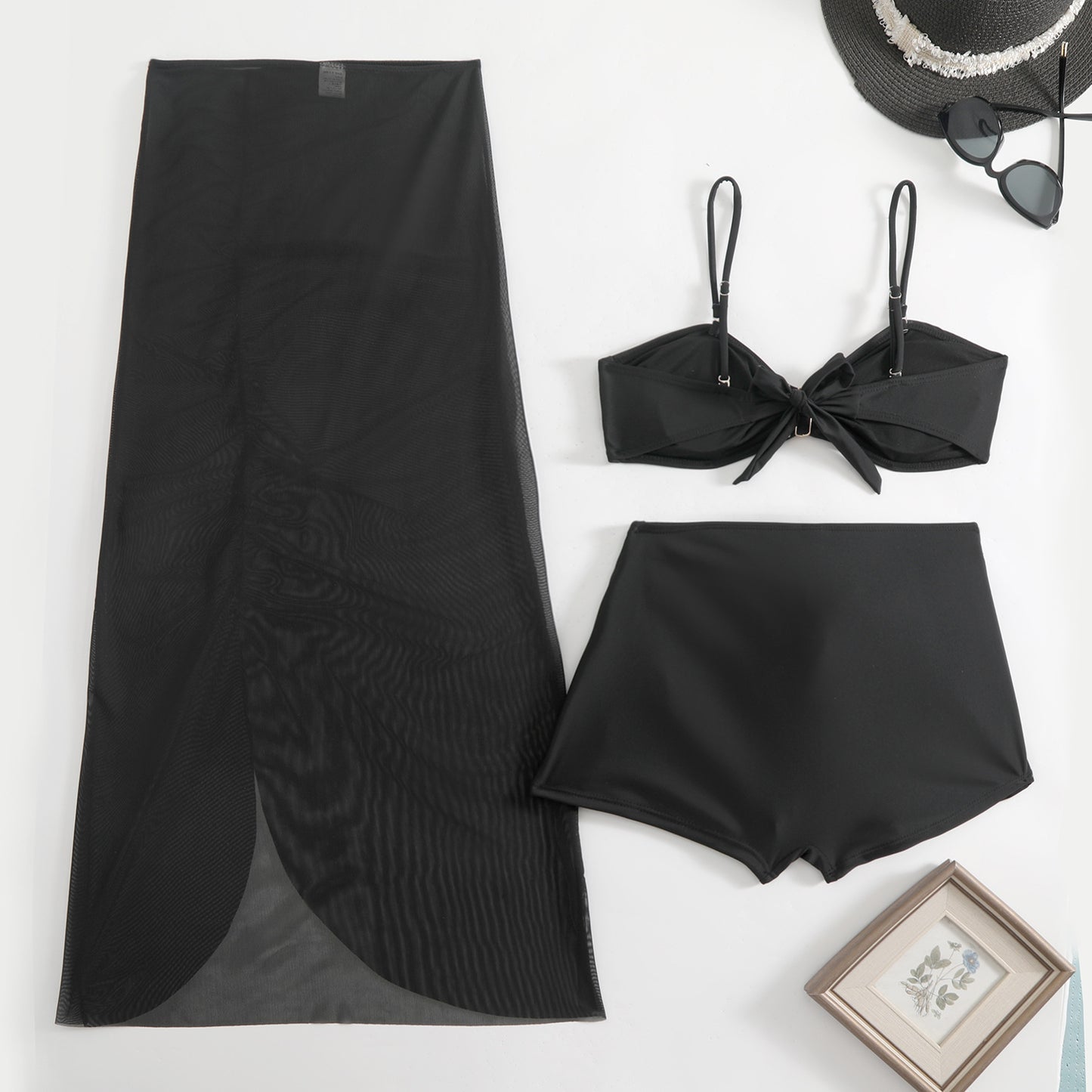 LADIES THREE PIECE SWIMWEAR BEACHWEAR BIKINI SHORTS & SKIRT SET WHITE / BLACK (SIZE S - L