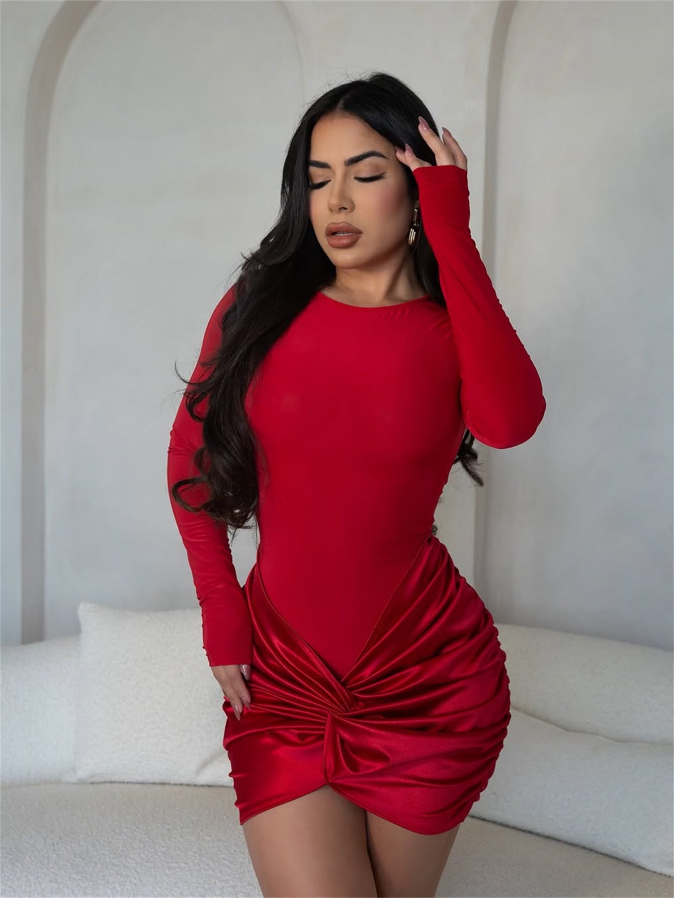 LADIES LONG SLEEVE MINI DRESS BLACK / RED / PINK / TURQUOISE GREEN (SIZE S - L)