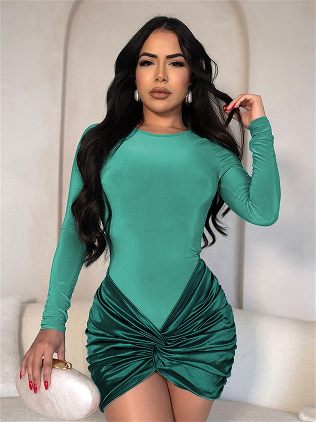 LADIES LONG SLEEVE MINI DRESS BLACK / RED / PINK / TURQUOISE GREEN (SIZE S - L)