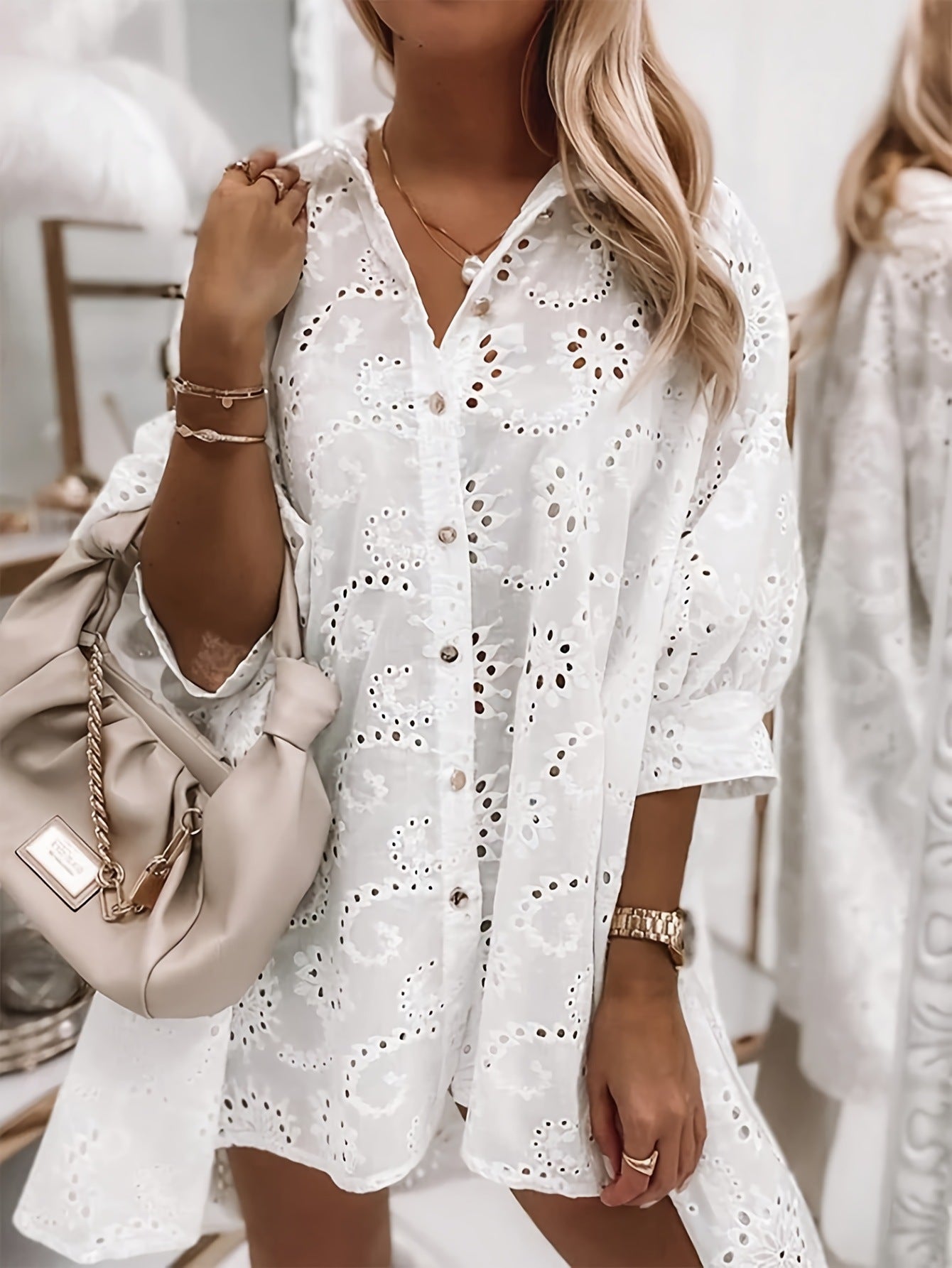 LADIES LOOSE LACE SHIRT WHITE (SIZE S - 2XL)