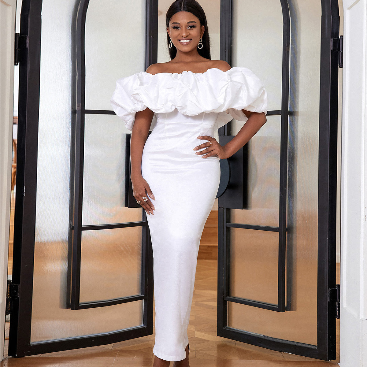 LADIES PLUS SIZE OFF THE SHOULDER PARTY DRESS WHITE / YELLOW / BLACK / RED / PINK / GREEN (SIZE S - 4XL)