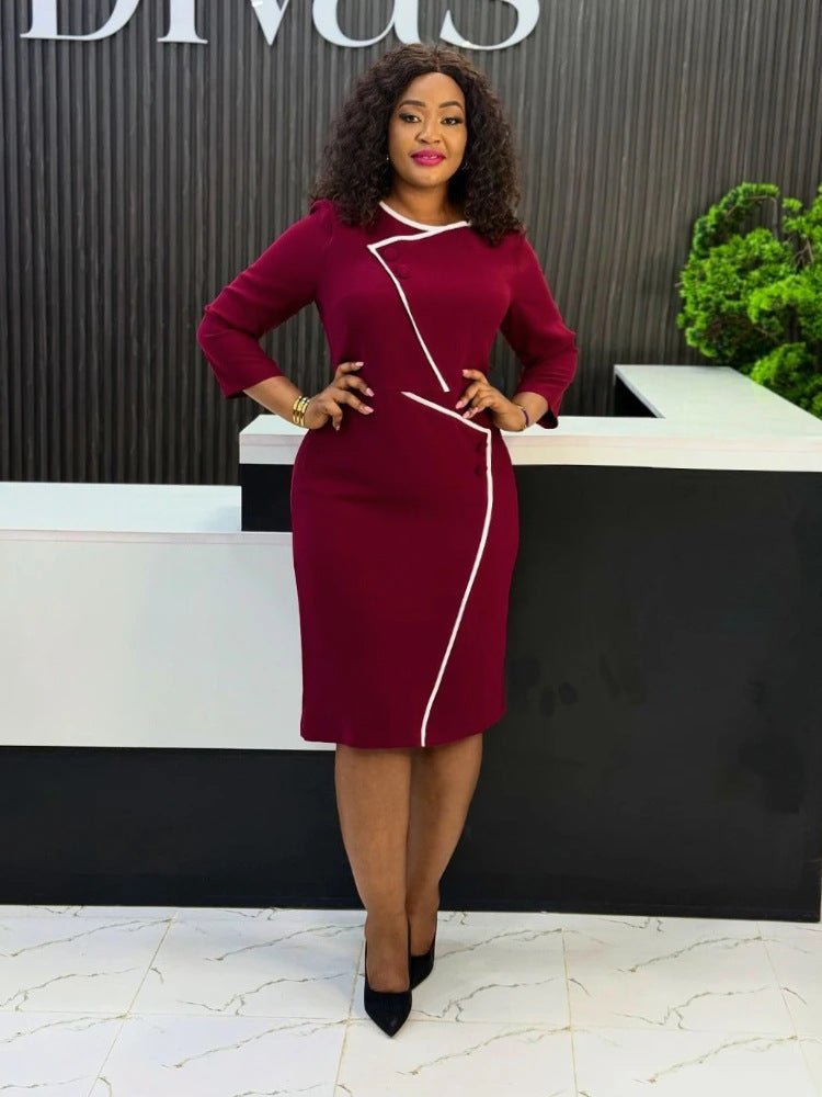 LADIES PLUS SIZE LONG SLEEVE DRESS WINE RED (SIZE S - 4XL)