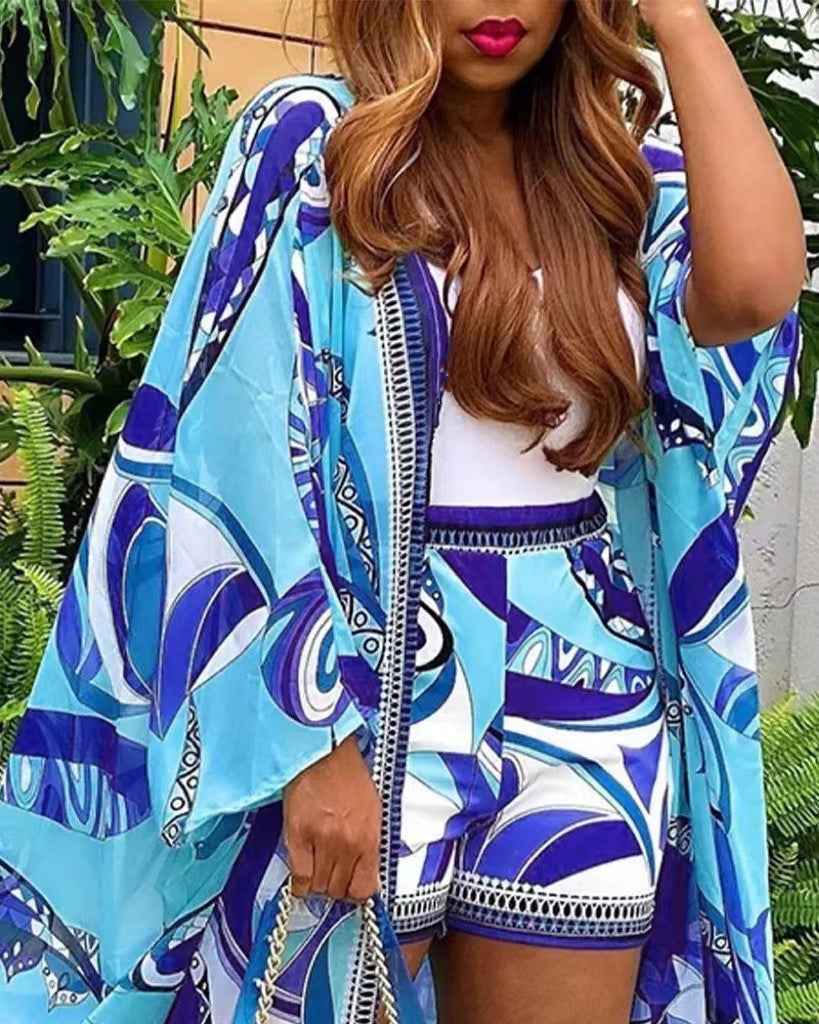 LADIES TWO PIECE SHORTS & CARDIGAN SET BLUE / PINK / GREEN / BLACK / RED (SIZE S - 2XL)