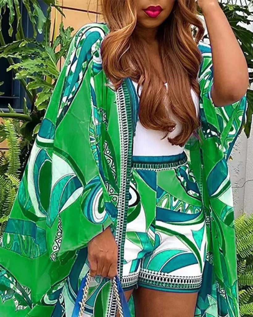 LADIES TWO PIECE SHORTS & CARDIGAN SET BLUE / PINK / GREEN / BLACK / RED (SIZE S - 2XL)