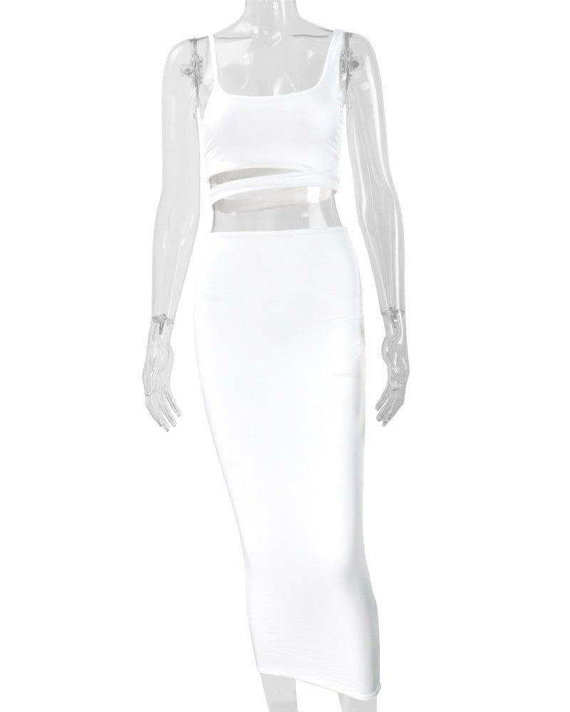 LADIES TWO PIECE SKIRT SET WHITE / KHAKI / BLACK / GREEN / ORANGE (SIZE S - 2XL)