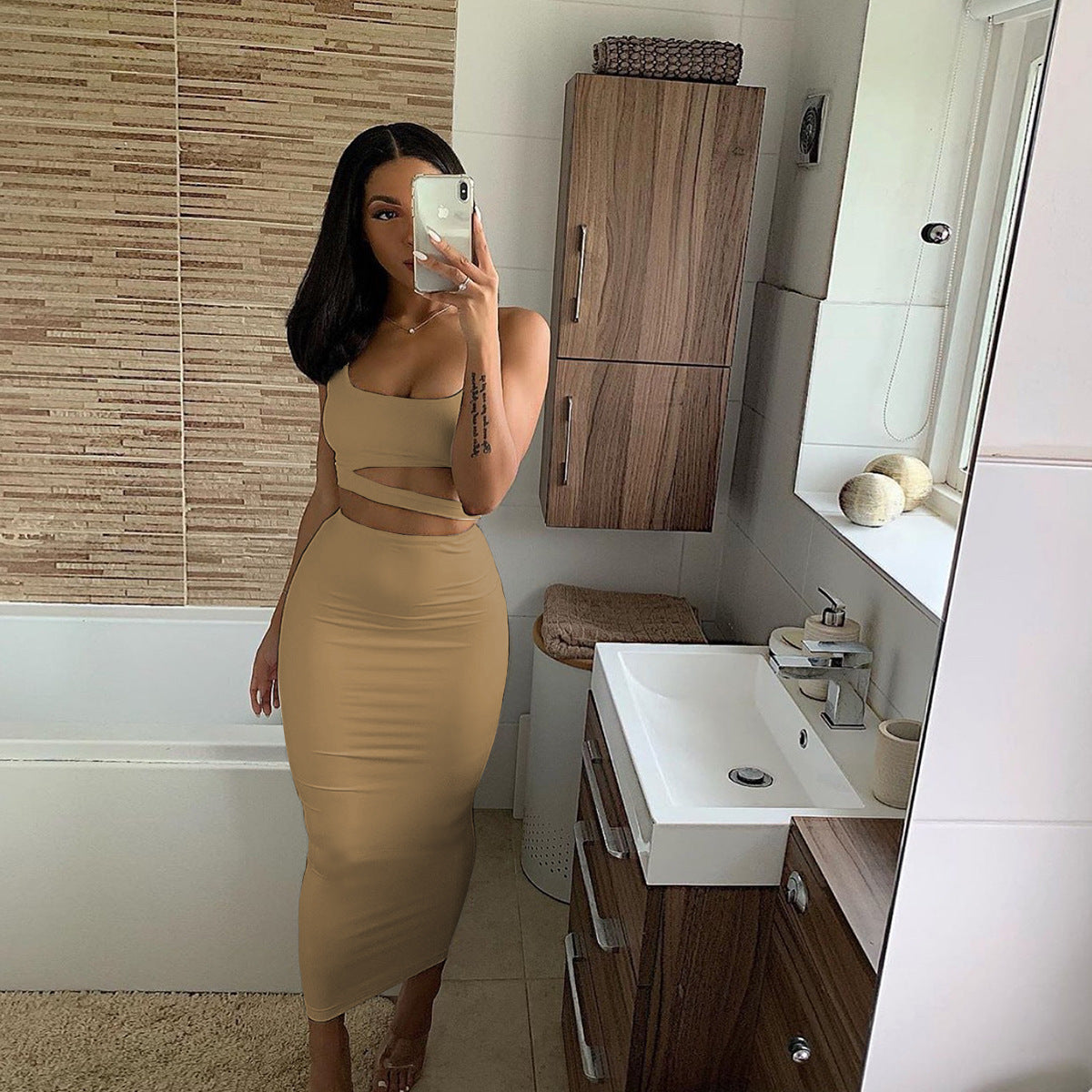 LADIES TWO PIECE SKIRT SET WHITE / KHAKI / BLACK / GREEN / ORANGE (SIZE S - 2XL)