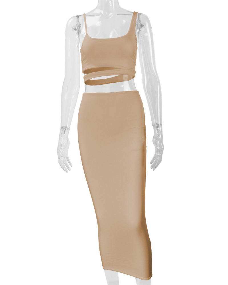 LADIES TWO PIECE SKIRT SET WHITE / KHAKI / BLACK / GREEN / ORANGE (SIZE S - 2XL)