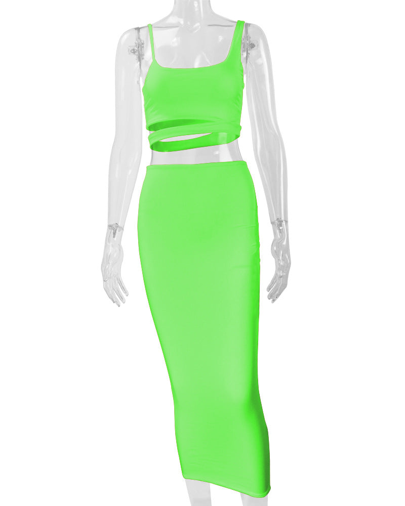LADIES TWO PIECE SKIRT SET WHITE / KHAKI / BLACK / GREEN / ORANGE (SIZE S - 2XL)