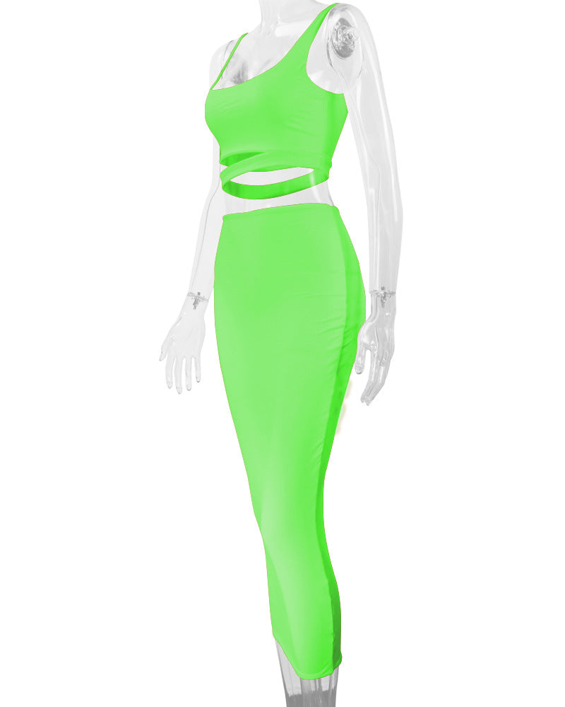 LADIES TWO PIECE SKIRT SET WHITE / KHAKI / BLACK / GREEN / ORANGE (SIZE S - 2XL)