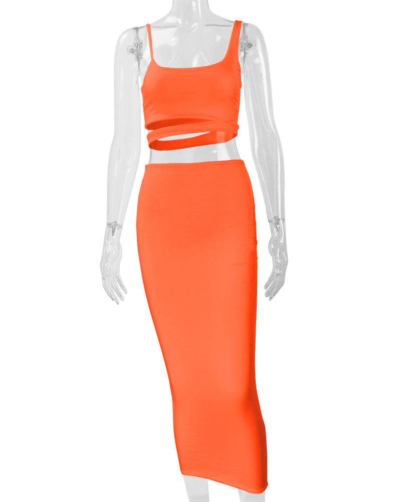 LADIES TWO PIECE SKIRT SET WHITE / KHAKI / BLACK / GREEN / ORANGE (SIZE S - 2XL)