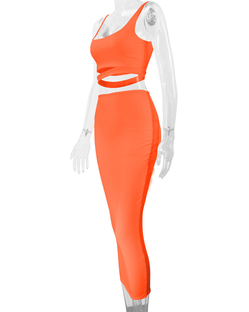 LADIES TWO PIECE SKIRT SET WHITE / KHAKI / BLACK / GREEN / ORANGE (SIZE S - 2XL)