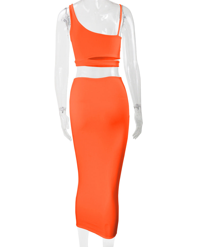LADIES TWO PIECE SKIRT SET WHITE / KHAKI / BLACK / GREEN / ORANGE (SIZE S - 2XL)