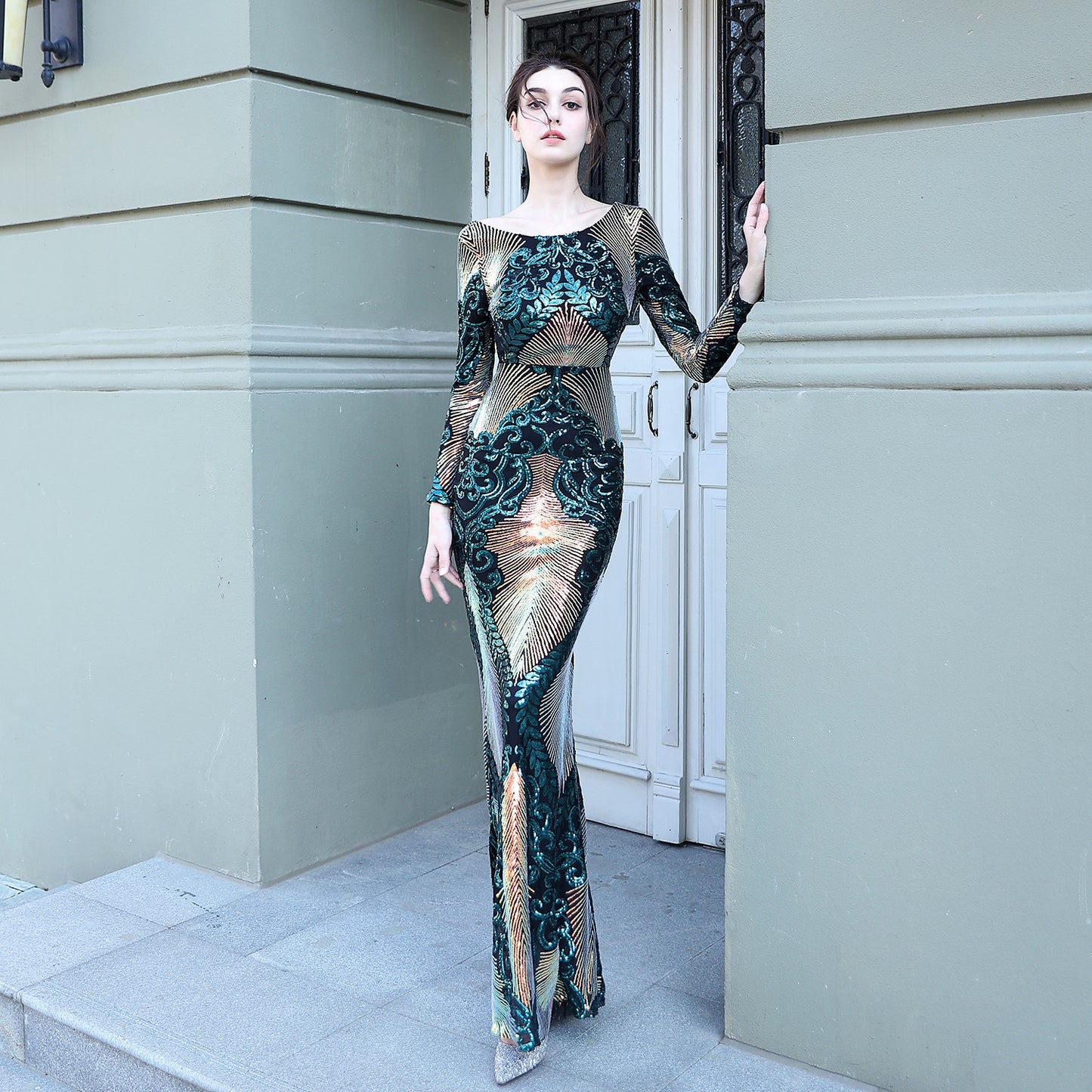 LADIES LONG SLEEVE EVENING DRESS GREEN / BLACK / WINE RED / GOLD / NAVY BLUE / RED-GOLD (SIZE S - 2XL)