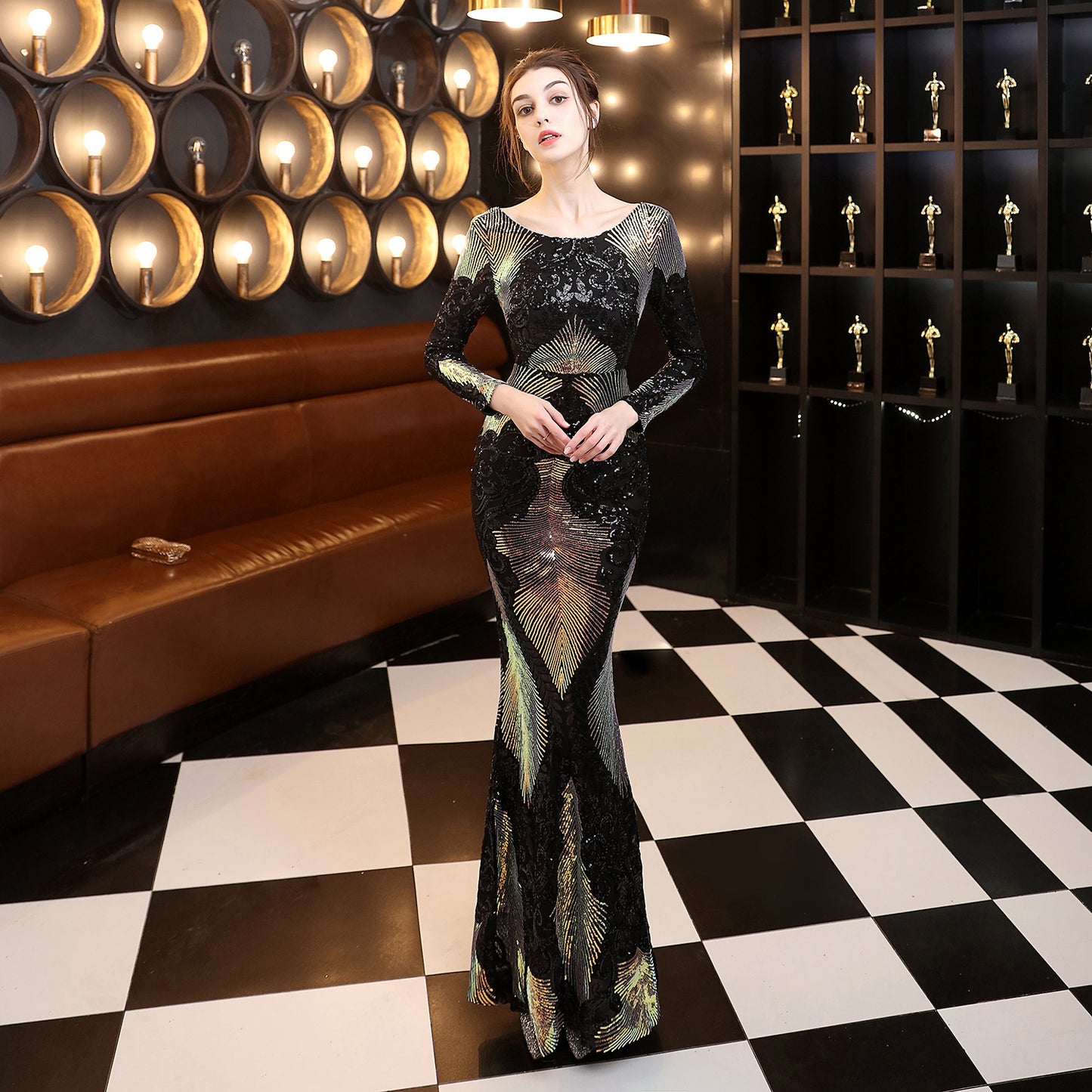 LADIES LONG SLEEVE EVENING DRESS GREEN / BLACK / WINE RED / GOLD / NAVY BLUE / RED-GOLD (SIZE S - 2XL)