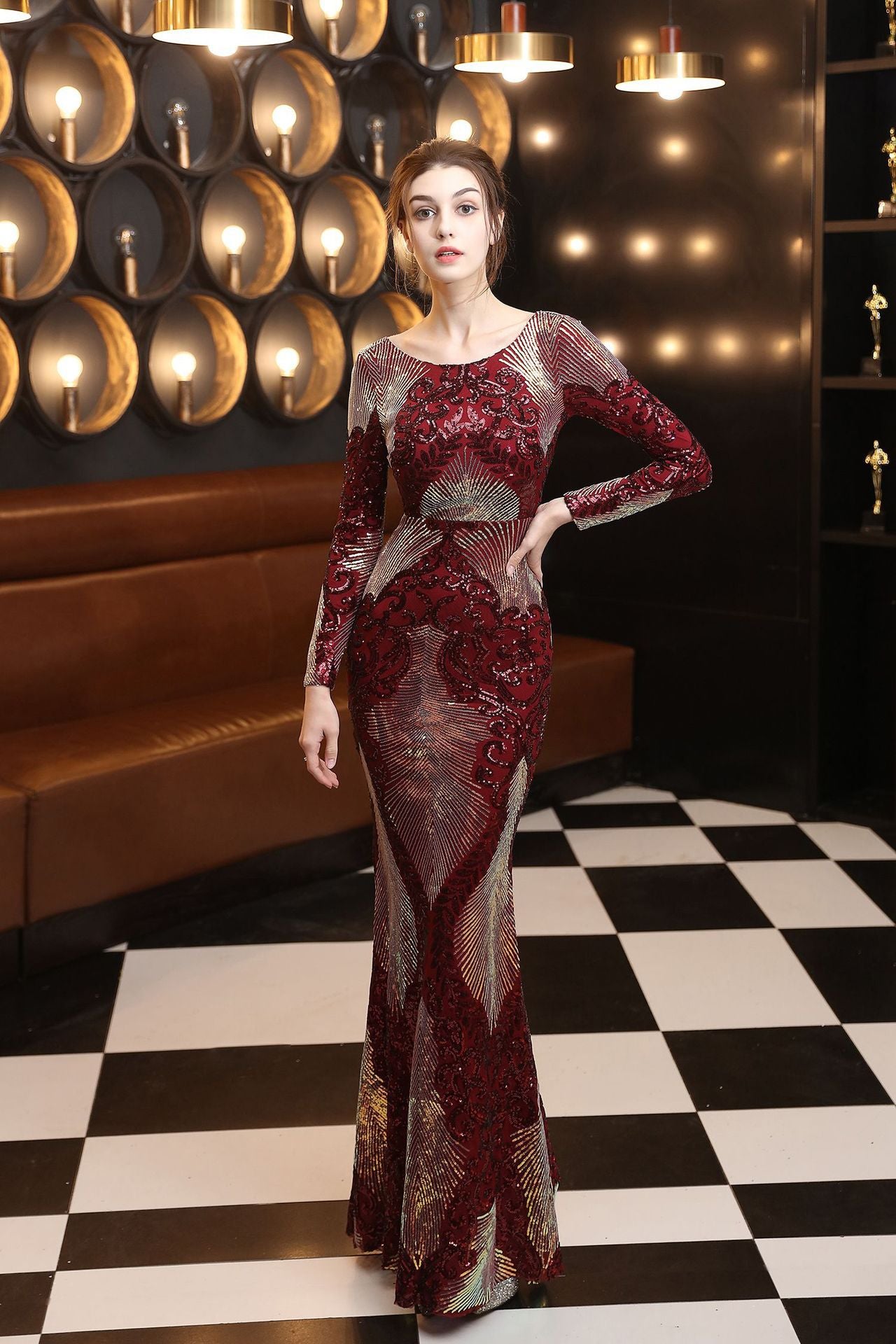LADIES LONG SLEEVE EVENING DRESS GREEN / BLACK / WINE RED / GOLD / NAVY BLUE / RED-GOLD (SIZE S - 2XL)